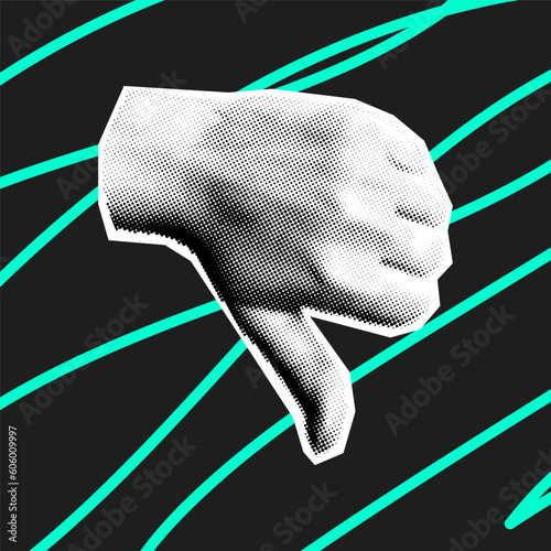 Vector collage with dislike gesture in trendy halftone style. Poster with hand in cubism style, retro collage, paper.