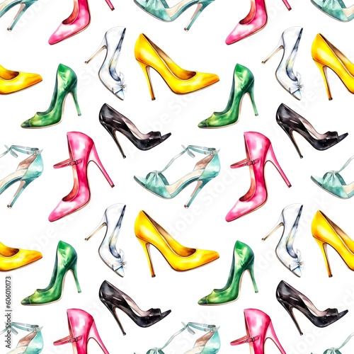 Seamless pattern with many female shoes on white background in watercolor style. Generative AI.