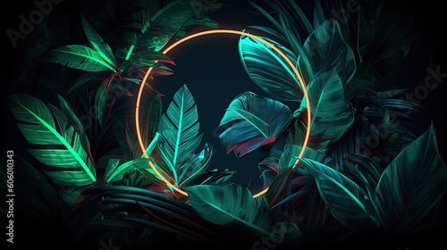 Fototapeta Naklejka Na Ścianę i Meble -  Tropical leaves background with neon light. Generative AI.