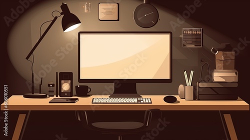Workspace with table and computer. Generative AI.