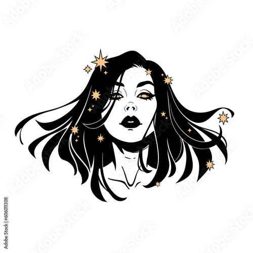 The girl's face framed by black hair with a scattering of stars