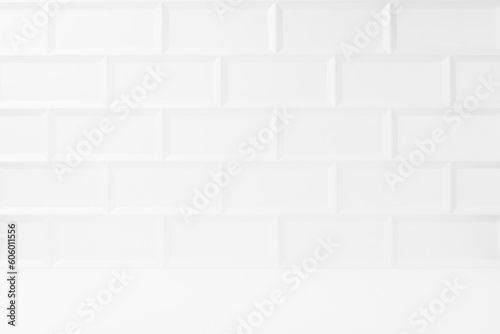 White abstract blank stage with white glossy ceramic rectangle tile wall, wood floor as mockup for presentation cosmetic products, goods, design. Abstract interior in modern simple style.
