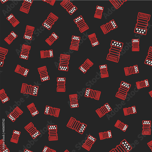 Line Musical instrument accordion icon isolated seamless pattern on black background. Classical bayan, harmonic. Vector