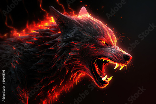 Evil wolf in red flames, fantasy, generative AI