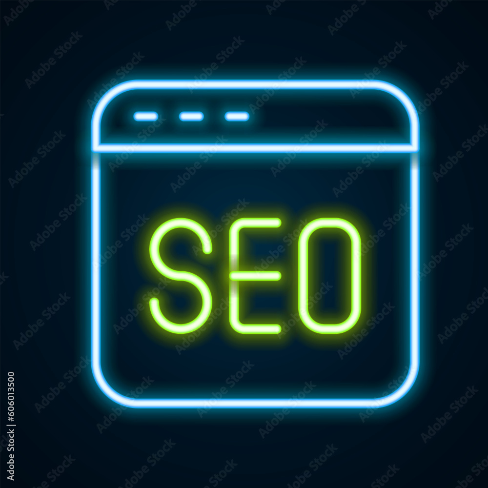 Glowing neon line SEO optimization icon isolated on black background. Colorful outline concept. Vector Glowing neon line SEO optimization icon isolated on black background. Colorful outline concept. Vector