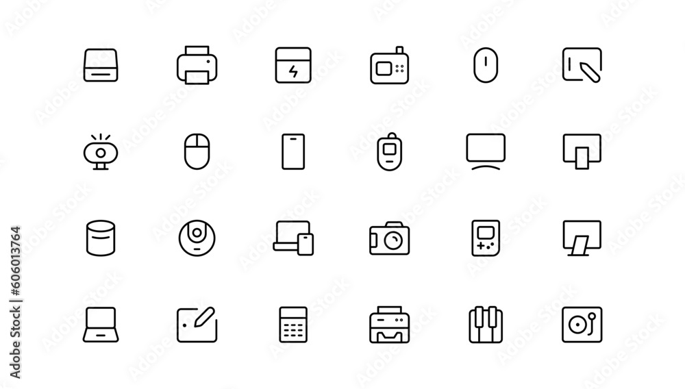 Device and technology line icon set. Electronic devices and gadgets, computer, equipment and electronics. Computer monitor, smartphone, tablet and laptop sumbol collection Device and technology line icon set. Electronic devices and gadgets, computer, equipment and electronics. Computer monitor, smartphone, tablet and laptop sumbol collection