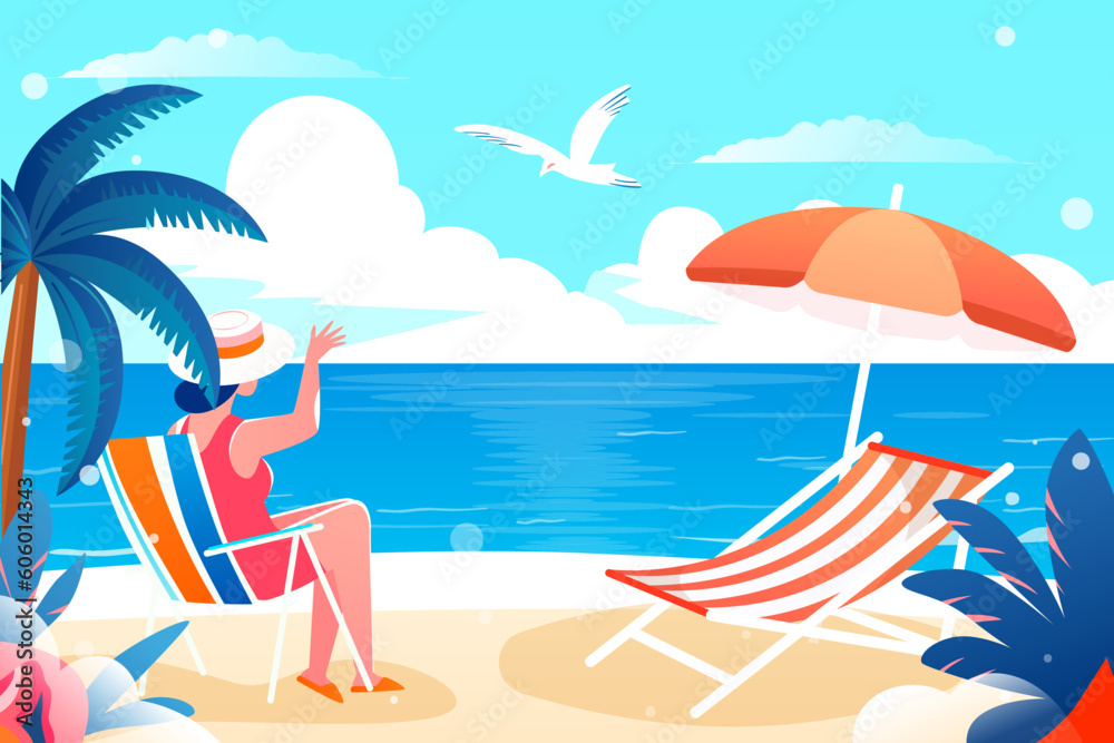 Summer, vacation by the sea with beach and plants in the background, vector illustration