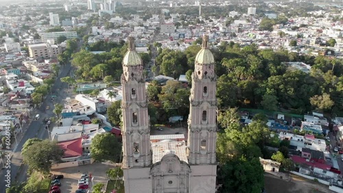Spinning drone view of the Lord of Tabasco Cathedral in the daytime photo
