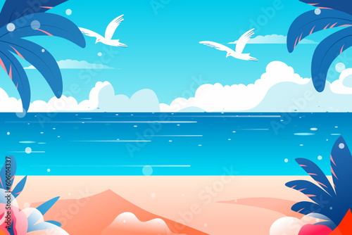 Summer, vacation by the sea with beach and plants in the background, vector illustration