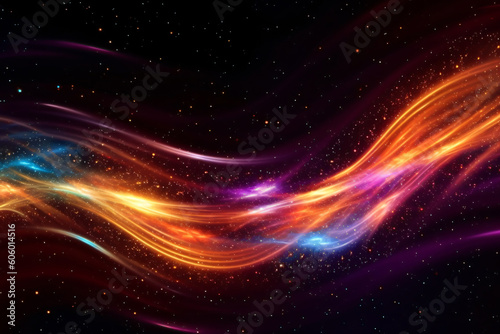 abstract flow of light in yellow, orange , purple and blue waves for texture elements as background against black 