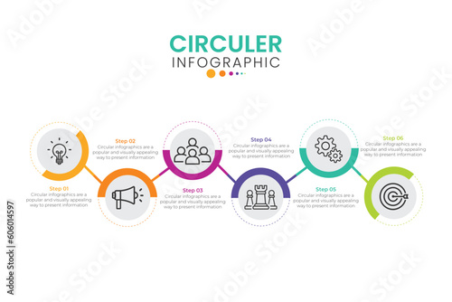 Five colorful circles connected with central round element. 6 features or options of business process concept. Realistic infographic design template. Vector illustration for presentation, report.