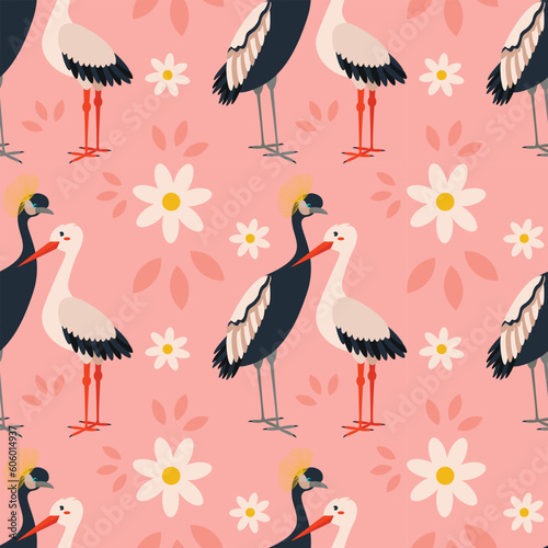 Pattern with stork, crane bird.