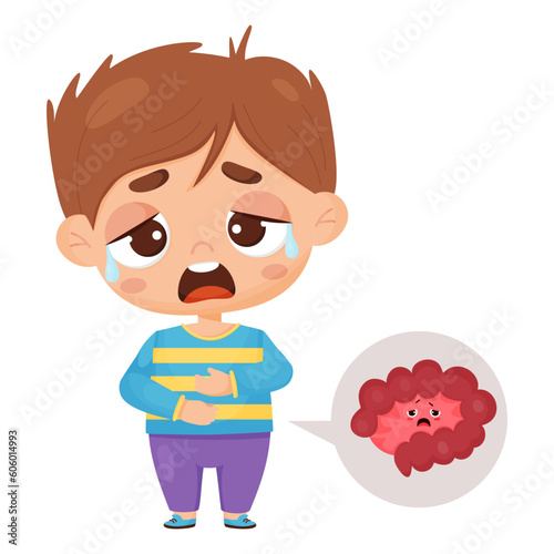 Suffering sick boy on intestinal pain. Child is crying and holding his stomach. sad unhealthy internal organ intestines character. Pain in abdomen. Vector illustration in cartoon style.