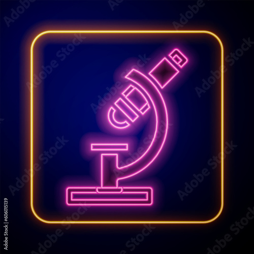 Glowing neon Microscope icon isolated on black background. Chemistry, pharmaceutical instrument, microbiology magnifying tool. Vector