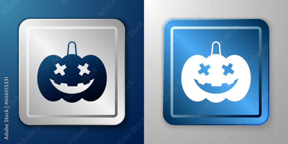 White Pumpkin icon isolated on blue and grey background. Happy Halloween party. Silver and blue square button. Vector