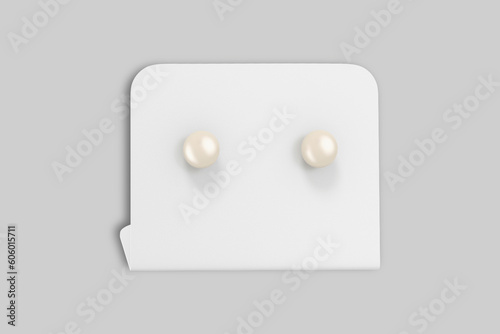 White round pearl earrings for sale mockup isolated on a grey background. 3d rendering. photo