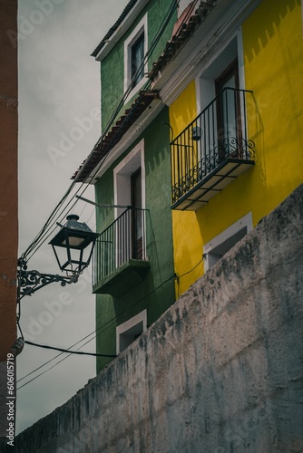 Vertical shot of green and yellow walled residential buildings