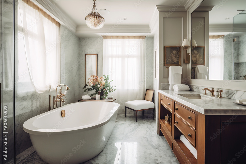 Luxurious bathroom with marble countertop, soaking tubs, bath, shower. AI generated. Luxurious bathroom with marble countertop, soaking tubs, bath, shower. AI generated.