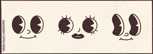 Cartoon groovy character face set. Retro, vintage 60s psychedelic, acid woman, cuphead happy, vibe faces (Full Vector)
