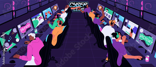 Gamers playing video games at computer in gaming, cybersport club. Videogame players sitting in headsets at PC monitors at cyber cafe. People group at online tournament. Flat vector illustration