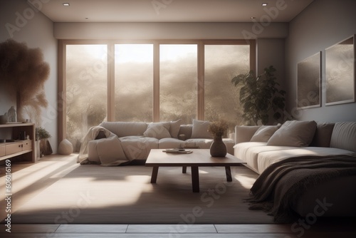 a living room with a couch and with a view of outside the window © Cyber and background