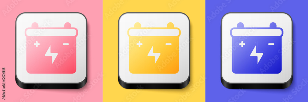Isometric Car battery icon isolated on pink, yellow and blue background. Accumulator battery energy power and electricity accumulator battery. Square button. Vector Isometric Car battery icon isolated on pink, yellow and blue background. Accumulator battery energy power and electricity accumulator battery. Square button. Vector