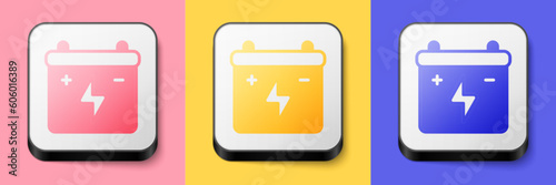 Isometric Car battery icon isolated on pink, yellow and blue background. Accumulator battery energy power and electricity accumulator battery. Square button. Vector
