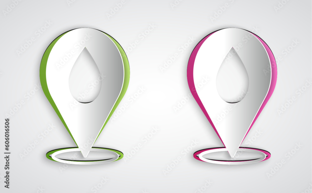 Paper cut Water drop with location icon isolated on grey background. Paper art style. Vector Paper cut Water drop with location icon isolated on grey background. Paper art style. Vector