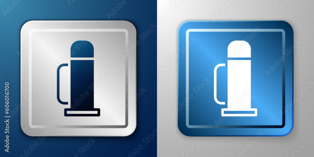 White Thermos container icon isolated on blue and grey background. Thermo flask icon. Camping and hiking equipment. Silver and blue square button. Vector White Thermos container icon isolated on blue and grey background. Thermo flask icon. Camping and hiking equipment. Silver and blue square button. Vector