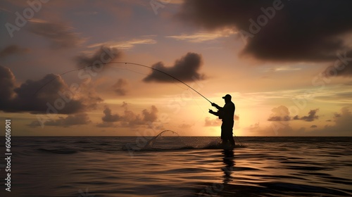 Silhouette of a fisherman casting the line, captured against a soft-hued sunset sky, Generative AI