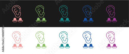Set Earplugs and ear icon isolated on black and white background. Ear plug sign. Noise symbol. Sleeping quality concept. Vector
