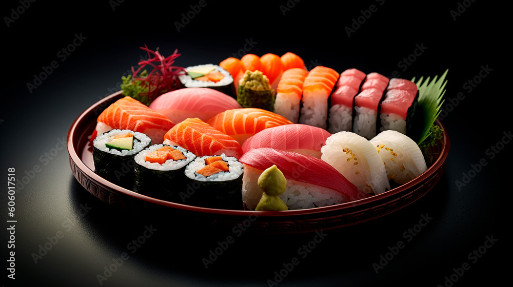 The Art of Sushi: A Tempting Plate of Handcrafted Nigiri and Sushi Rolls. Generative AI.