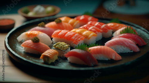 Japanese Delicacy: Exquisite Sushi Nigiri Displayed in Perfect Harmony. Generative AI.