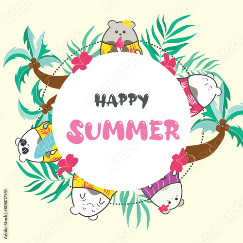 poster of cute doodle animals with palm tree and the words happy summer on it