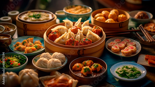 Dim Sum Extravaganza: Authentic Chinese Small Bites and Dumplings on Display. Generative AI.