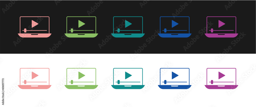 Set Online play video icon isolated on black and white background. Laptop and film strip with play sign. Vector Set Online play video icon isolated on black and white background. Laptop and film strip with play sign. Vector