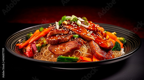 Korean Japchae: A Beautifully Presented Plate of Stir-Fried Glass Noodles. Generative AI.