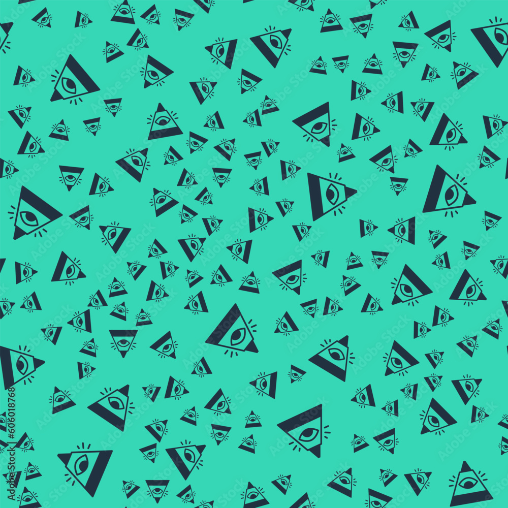 Black Masons symbol All-seeing eye of God icon isolated seamless pattern on green background. The eye of Providence in the triangle. Vector