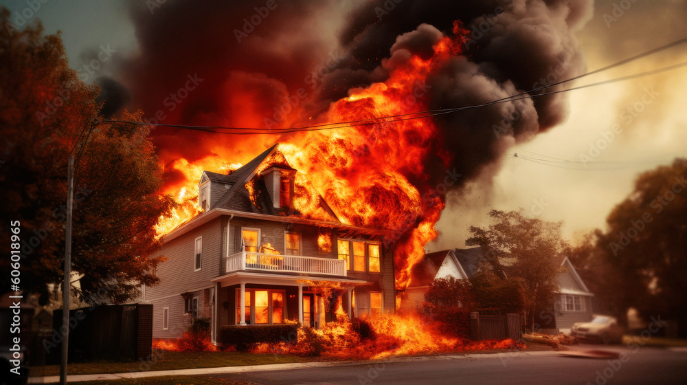  A wooden house stands ablaze, Suburbs house on fire. Flames, like voracious serpents, leap from windows, dancing atop the roof. The fire, a devouring monster, threatens to consume it. Generative AI