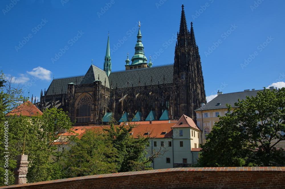 View of St. Vitus Cathedral on Prague Castle from the Royal Garden in Prague,Czech republic,Europe
