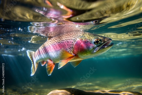 Beautiful trout in natural habitat. Fish is in river underwater in clos up. Generative AI