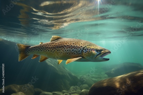 Beautiful trout in natural habitat. Fish is in river underwater in clos up. Generative AI 1