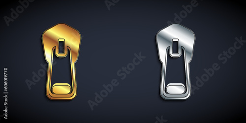 Gold and silver Zipper icon isolated on black background. Long shadow style. Vector