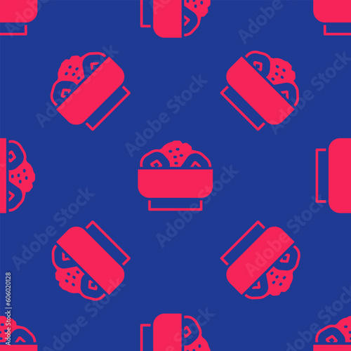 Red Chow mein on plate icon isolated seamless pattern on blue background. Asian food. Vector