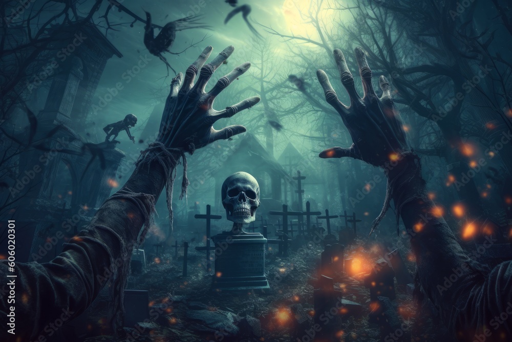Naklejka premium Skeleton hands rising from a graveyard. Concept Halloween background. Generative AI