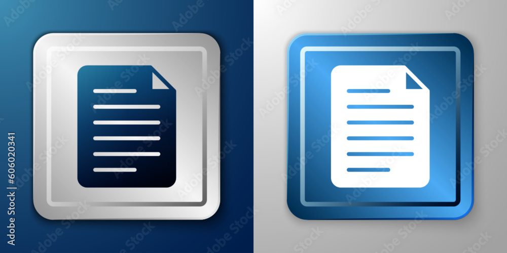 White File document icon isolated on blue and grey background. Checklist icon. Business concept. Silver and blue square button. Vector
