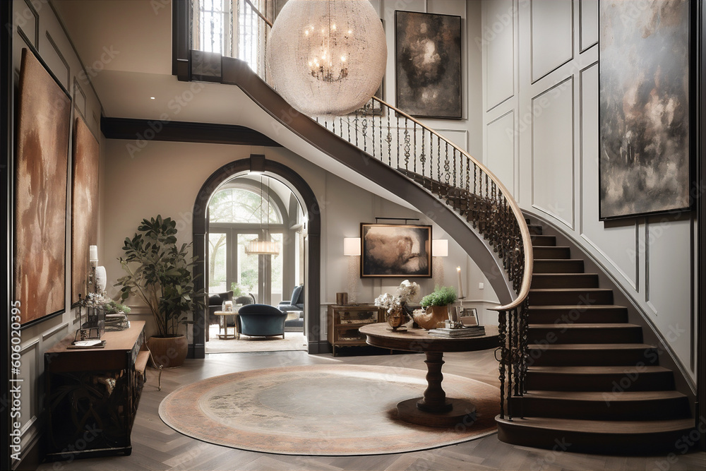 Dramatic entryway with grand staircase large chandelier. AI