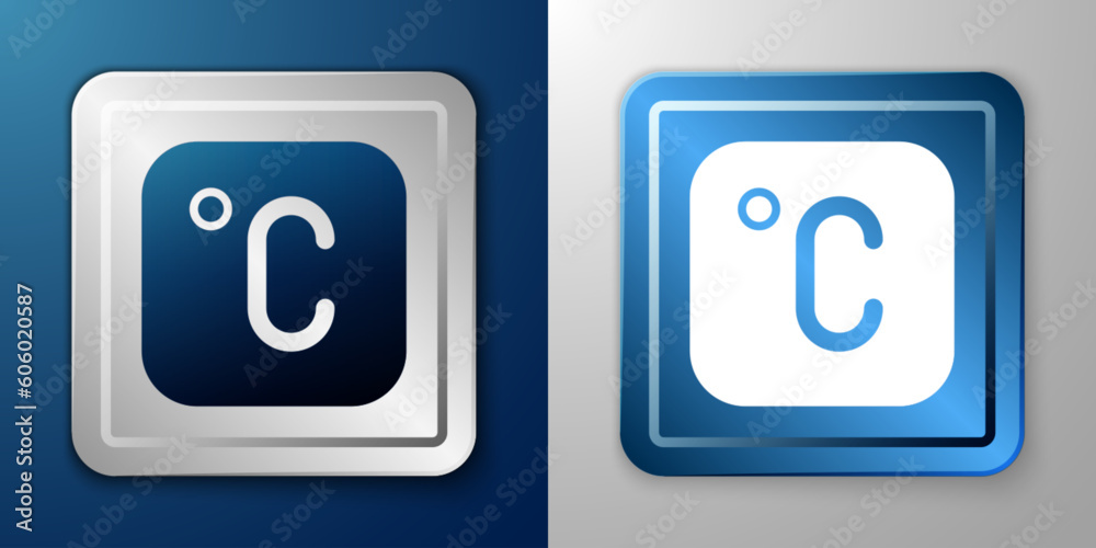 White Celsius icon isolated on blue and grey background. Silver and blue square button. Vector White Celsius icon isolated on blue and grey background. Silver and blue square button. Vector