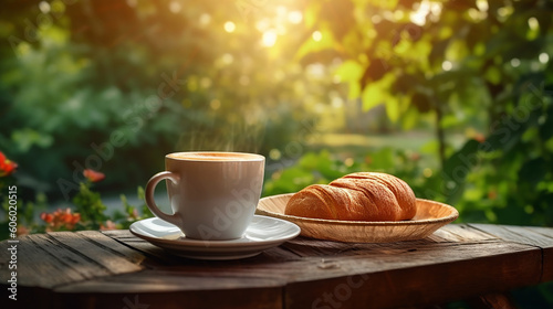 hot cup of coffee with bread in garden background morning  Generative Ai