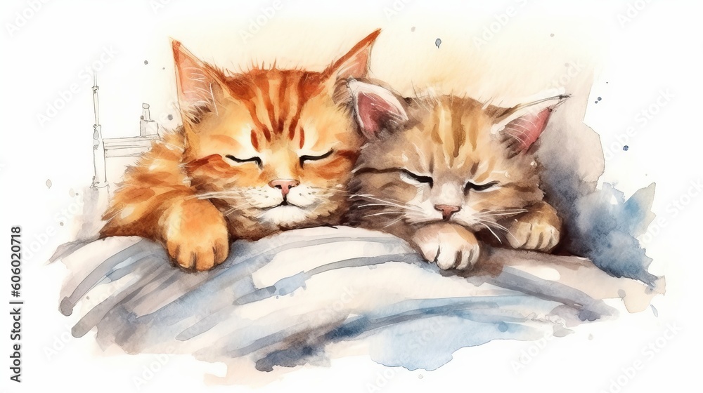 cats sleep under a blanket, watercolor style Generative AI